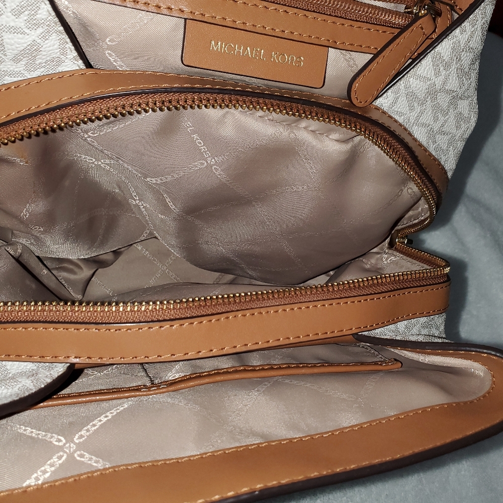 Michael Kors Brown and Beige Logo Canvas Drawstring Backpack with Leather Trim - Picture 3 of 4
